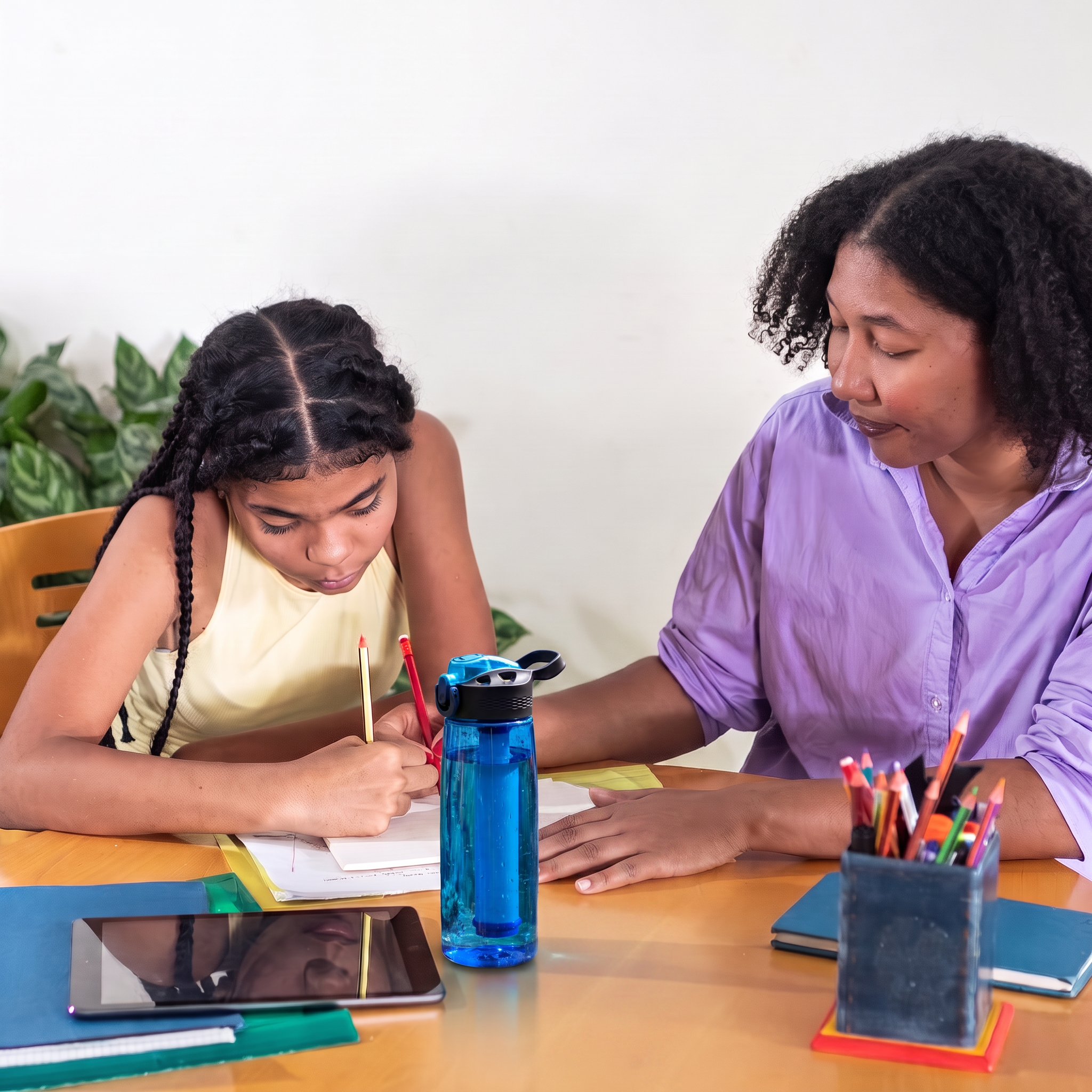 Enfant faisant ses devoirs avec sa gourde filtrante Lebeau