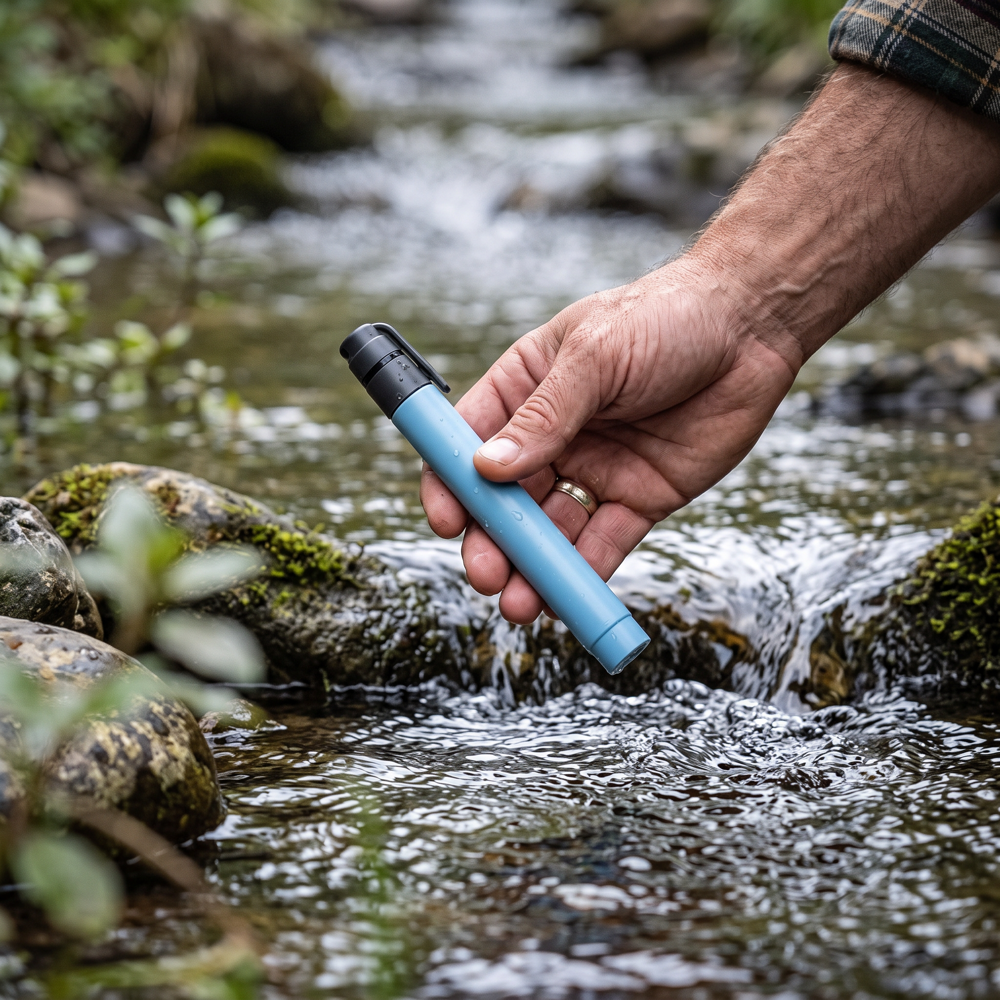 Main plongeant le stylo filtrant dans un ruisseau
